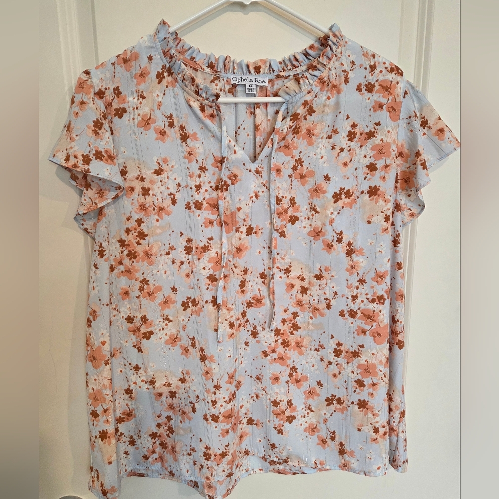 Gray and White Smocked Tie Front Blouse